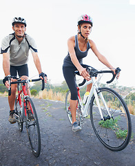 Image showing Cycling, couple and road in in nature with fitness, training and travel on bicycle together. Outdoor, people and exercise on bike for fun, workout and path in countryside adventure or mountain