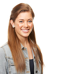 Image showing Woman, denim jacket and portrait studio with smile, confidence and isolated with style by white background. Girl, edgy fashion model and happy with trendy retro clothes for modern hipster in Ireland