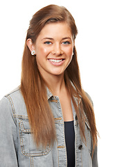 Image showing Woman, denim jacket and smile in studio portrait for confidence, isolated or style by white background. Modern hipster girl, edgy fashion model or happy for trendy retro clothes with pride in Ireland