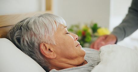 Image showing Sleep, tired and a senior woman in bed for peaceful rest or to relax in her retirement home closeup. Face, morning and eyes closed with an exhausted old person dreaming in the bedroom of an apartment