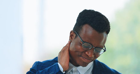 Image showing Business, man and neck pain in office with stress, burnout and risk in corporate company from injury. Black person, employee or entrepreneur with muscle ache, inflammation or discomfort from strain