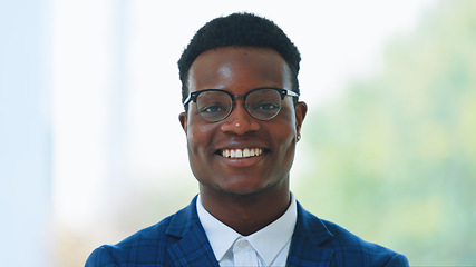 Image showing Portrait, business and black man with a smile, glasses or accountant with confidence, entrepreneur or happiness. Face, African person or professional with joy, eyewear or clear vision with consultant