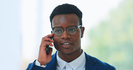 Image showing Business man, phone call and communication in office for consulting, corporate deal or chat to contact. Face of african worker, mobile networking or thinking of feedback, conversation and negotiation