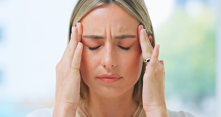 Image showing Business, woman and headache in office with stress, burnout and risk in corporate company from migraine. Person, employee or entrepreneur with burnout, anxiety or discomfort from strain at workplace