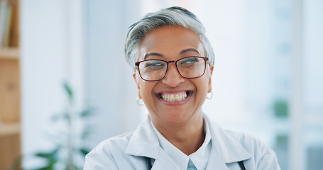 Image showing Woman, portrait and hospital doctor with smile for healthcare services, clinic consulting and help. Face of mature surgeon, expert therapist and medical professional with trust, glasses or experience