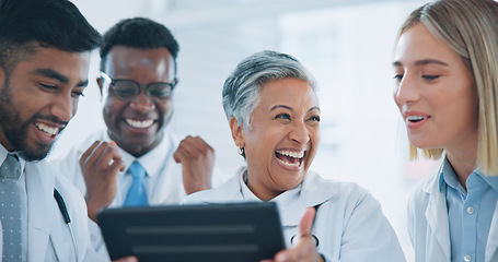 Image showing Doctors, teamwork and success on tablet for hospital results, healthcare solution and reading report with mentor. Excited and medical group of people on digital technology for winning or celebration