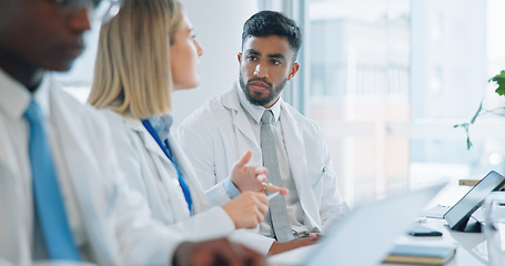 Image showing Doctors, teamwork and meeting in group planning, management and hospital strategy or healthcare solution. Professional medical team, mentor or people listening to ideas for clinic workflow or service