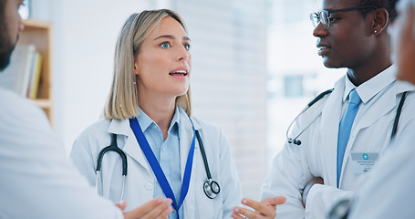 Image showing Doctors, teamwork and group planning for hospital management, healthcare strategy and solution. Professional medical worker, mentor and students listening to ideas for clinic, service or workflow