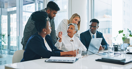 Image showing Business people, team and manager on laptop for training, planning strategy and brainstorming at office desk. Computer, ceo and mentor coaching group, financial consultant and meeting collaboration