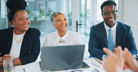 Image showing Corporate meeting, happiness and professional people consulting, sales pitch and negotiation with B2B investment clients. Cooperation, project planning and group listening to ideas, strategy or plan