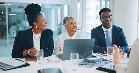 Image showing Corporate meeting, attention and professional people consulting, sales pitch and negotiation with B2B investment clients. Cooperation, team proposal and board of director listening to financial plan