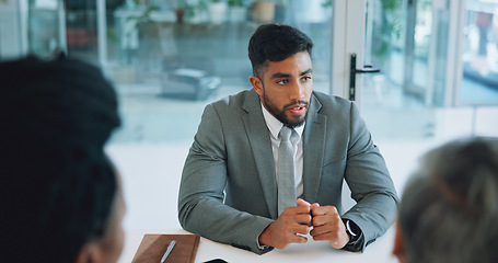 Image showing Corporate meeting, professional people and man consulting, sales pitch and negotiation with business investment clients. Collaboration, teamwork and group listening to ideas, strategy or company plan