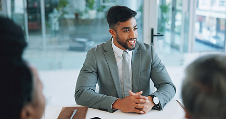 Image showing Corporate meeting, professional people and happy man consulting, advice or customer support for bank clients. Collaboration, consultation and group listening to banking proposal, strategy or plan