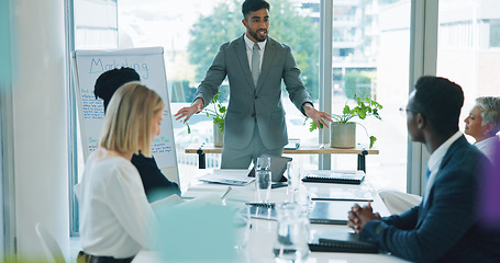 Image showing Business people meeting, corporate presentation and man consulting, advertising pitch and negotiation with investment clients. Speaker, team attention and board of director listening to B2B proposal