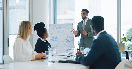 Image showing Business people presentation, whiteboard and man consulting, advertising pitch and explain strategy, plan or ideas. Speaker, project management and board of director, group or team listen to proposal