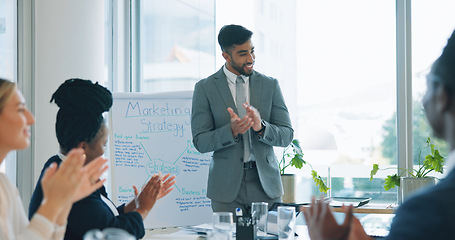 Image showing Business people presentation, happy man and celebration applause for advertising pitch, success or achievement. Praise, congratulations and board of director, group or team clapping for proposal idea