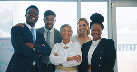 Image showing Business people, portrait and smile in office for teamwork, corporate collaboration or diversity. Group of men, women and happy employees in professional company with pride, solidarity or partnership