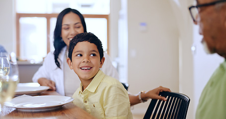 Image showing Boy, lunch and family with happiness, conversation and holiday feast, weekend break and bonding together. Generations, kid and mother with grandfather, home and brunch with love, relax and talking