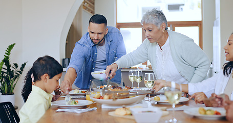 Image showing Home, feast and family with lunch, food and happiness with holiday, bonding together and conversation. Group of people, apartment and generations with love, thanksgiving meal and festive celebration