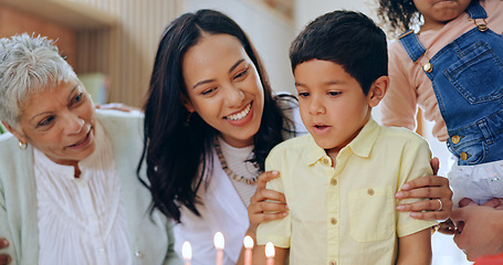 Image showing with smile, fun and love together in home. Happiness, surprise and congratulations, mom and grandparents at kids party with excited child.