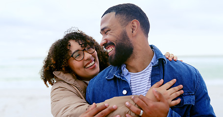 Image showing Happy couple, laughing or hug by beach in nature, care support for relax on weekend adventure. Young man, woman or smile face for bond in marriage, love or cape town for leisure in health wellness