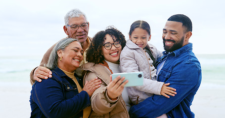 Image showing Beach, selfie and family with vacation, generations and happiness with profile picture, holiday and social media. Travel, granny and grandfather with children, mother and dad with kids, ocean or post