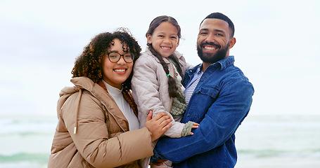 Image showing Happy family, portrait or relax by beach, nature or support love to care on calm holiday. Young man, woman and child with face for bonding, together and vacation in rio de janeiro for health wellness