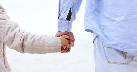 Image showing Man, child or holding hands for love, care or bonding together as happy family on summer vacation. Commitment, father and kid with support relationship on holiday, weekend leisure and calm in mockup