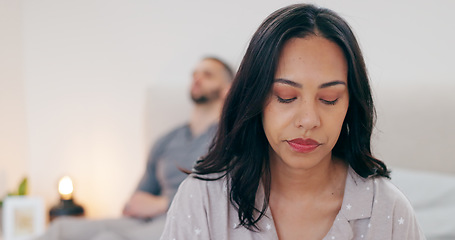 Image showing Woman, man and sad with fight in bedroom, thinking and depression with mistake, fail and no faith in marriage. Couple, conflict and stress with anxiety, memory and grief for divorce on bed in home