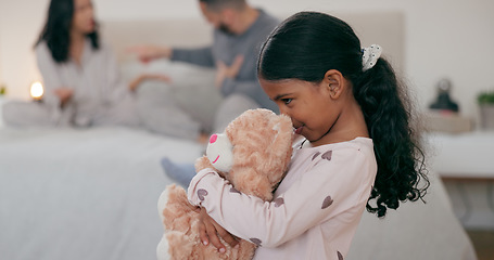 Image showing Home, parents and fight with a girl, teddy bear and conflict with toxic relationship, sad or bad marriage. Family, mother or father with stress, kid with a toy or childhood with depression or anxiety