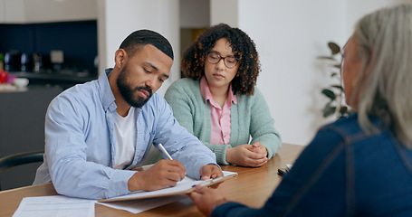 Image showing Man, woman and advisor with contract in home for signature, application and insurance form for protection in future. People, couple and determined look for legal agreement with lawyer for guidance