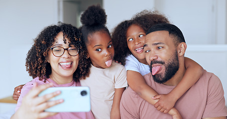 Image showing Family in fun selfie with children in bedroom, morning bonding together for love and memory in home. Photography, happy face and parents with kids in house with smile, relax with mother and father.