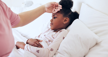 Image showing Bed, girl and sick with parent, thermometer and virus with a cold, fever and healthcare with love. Mother, kid and child with mama, bedroom and home with illness, hand of adult with support or house