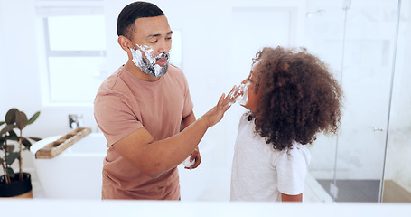 Image showing Shaving, foam and father with son in bathroom for skincare, wellness and hygiene at home together. Family, beauty and happy dad teaching child with soap, cream and shave for cleaning or grooming