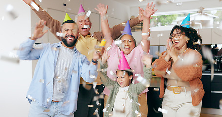 Image showing Birthday party, family celebration and confetti with child, grandparents and happy people in their home. Excited mother, father and girl or kid with cheers, yes and wow for surprise event or holiday