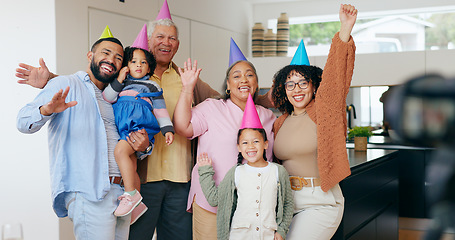 Image showing Happy family, birthday hats and photography for party, children and parents. House, grandparents and celebration with timer, excited and cheers with hands, wow and bonding together for memories