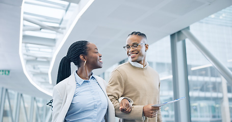 Image showing Happy business people, walking and travel at airport for work trip, team or flight together. Businessman, woman or colleagues smile for traveling, friendship or mission in hallway or boarding gates