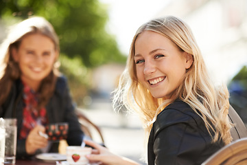 Image showing Portrait, happy woman and friends at coffee shop, restaurant and outdoor table together. Face, smile of person and girls at cafe with tea cup, espresso and customer drink latte to relax in cafeteria