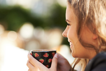 Image showing Woman, closeup and smile at coffee shop with a drink, espresso or latte outdoor in city. Cafe, restaurant and happiness with tea, cup and relax at brunch in summer with freedom, peace or calm morning