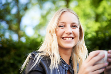 Image showing Teenager, smile and portrait outdoor at coffee shop, cafe or restaurant with espresso, latte or beverage. Happy, girl and relax with green tea, drink or calm brunch in summer, morning or garden