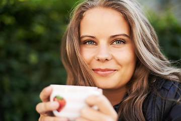 Image showing Happy woman, portrait and coffee cup to drink, espresso or latte outdoor in backyard. Cafe, restaurant and smile with tea, mug and relax at brunch in summer with freedom, peace or calm morning