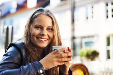 Image showing Happy woman, portrait and coffee shop with espresso, drink or latte outdoor in city. Cafe, restaurant and relax with green tea, cup and brunch in summer with freedom, peace or calm morning in Paris