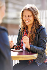 Image showing Happy, women and friends drinking coffee at shop, meeting or reunion together. Girls, people and tea cup at cafe, restaurant table and customer enjoy latte, bonding and chat to relax outdoor in city