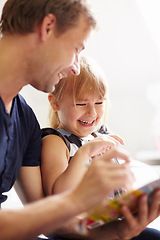 Image showing Family, father and daughter with homework for helping, bonding and learning for education in bedroom with smile. People, man or girl child with homeschooling, happiness and care on bed of house