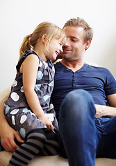 Image showing Dad, girl and laugh with smile, couch and embrace with love, daughter and house. Man, happy and lounge for bonding together for relationship, affection and parent with child, caring and family home