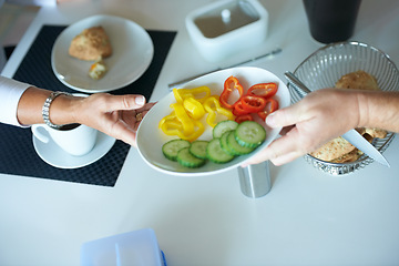 Image showing People, hands and passing salad at breakfast table for vegetables, diet or healthy eating at home. Closeup of person giving plate of natural organic food for nutrition snack or meal together at house