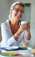 Image showing Mature, woman and coffee smile at breakfast for retirement relax or happy home bread snack, espresso for rest. Female person, hot drink and beverage cup meal or muffin for hungry, eating on holiday