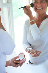 Image showing Senior woman, brush and makeup in mirror with smile, thinking and beauty to start morning in retirement. Elderly person, foundation and check reflection in home bathroom, happy and facial cosmetics