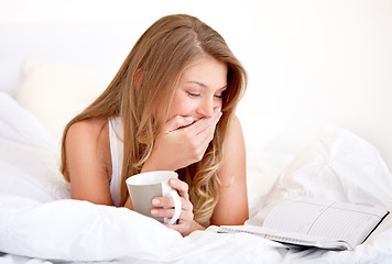 Image showing Bedroom, notebook and relax happy woman reading, laughing and shocked with funny schedule, calendar or notes. Journal planner, home bed and morning person check information, checklist or diary