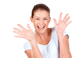 Image showing Excited, open hands and portrait of woman in studio for good news, winner announcement and success. Emoji, hand gesture and face of person for celebration, winning and happy on white background